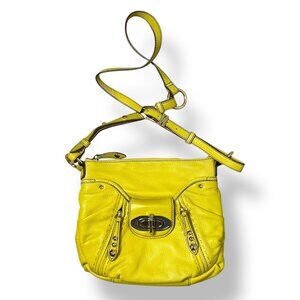 Oryany Bright Yellow Leather Shoulder Bag Purse Turq Lining Gold Hardware